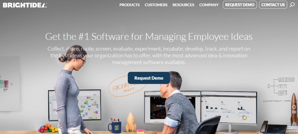 Brightidea software homepage displaying a collaborative modern workspace using employee innovation and idea tracking tools.
