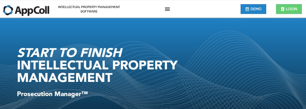 AppColl Prosecution Manager website interface showcasing start-to-finish cloud-based intellectual property management capabilities.