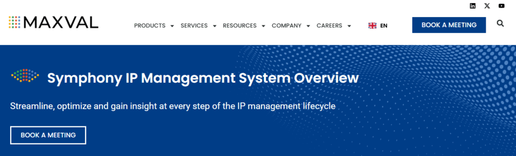MaxVal Symphony system overview dashboard designed to track, optimize, and streamline intellectual property lifecycles on a single platform