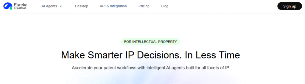PatSnap Eureka website homepage showing AI-powered workflows within an advanced idea and patent management software system.