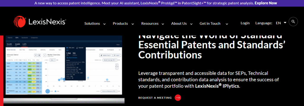 LexisNexis IPlytics platform dashboard displaying data analysis for standard-essential patents and industry contributions.