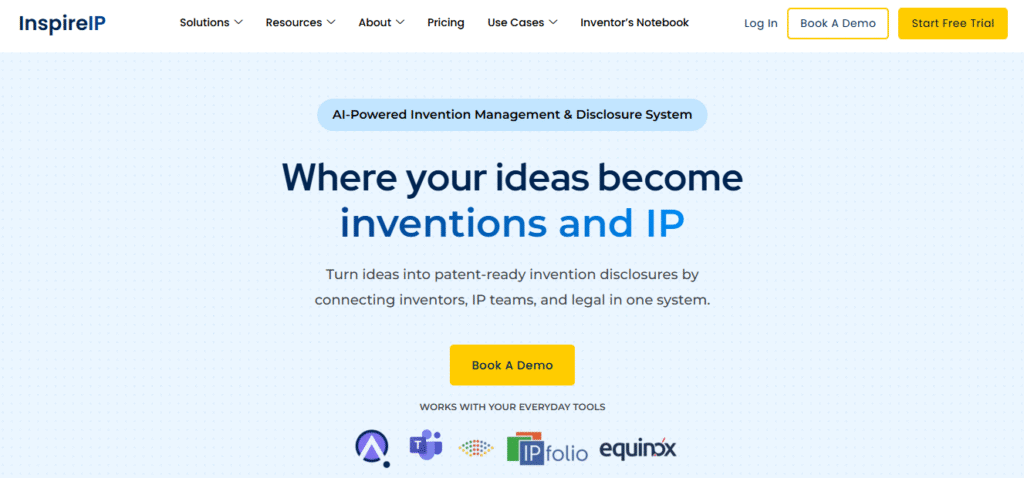 InspireIP website homepage presenting an AI-powered idea and patent management software portal that bridges inventors with legal teams.

