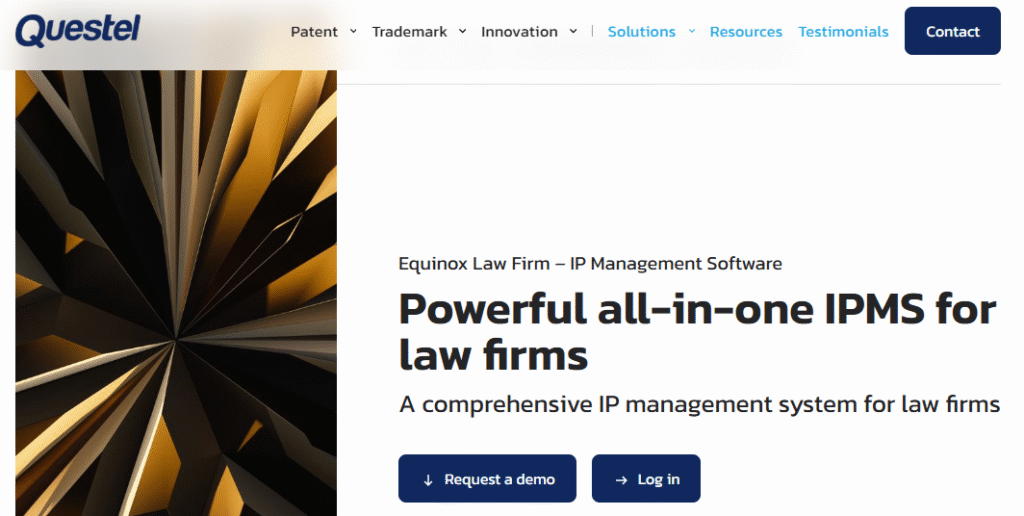 Questel Equinox homepage illustrating a powerful all-in-one IPMS framework customized for law firm workflows.