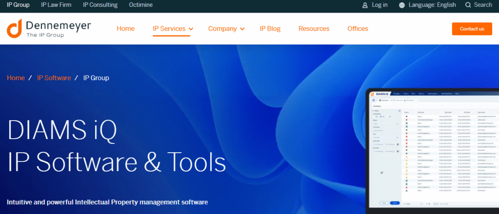Dennemeyer DIAMS iQ product banner featuring powerful, jurisdiction-aware idea and patent management software built for global enterprises.
