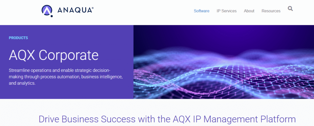 Anaqua AQX Corporate platform landing page highlighting strategic process automation within an enterprise idea and patent management software ecosystem.